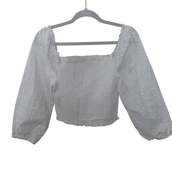 Love Tree Tops - Love Tree White Eyelet Crop Top Smocked Square Neck Long Sleeve Coquette Large